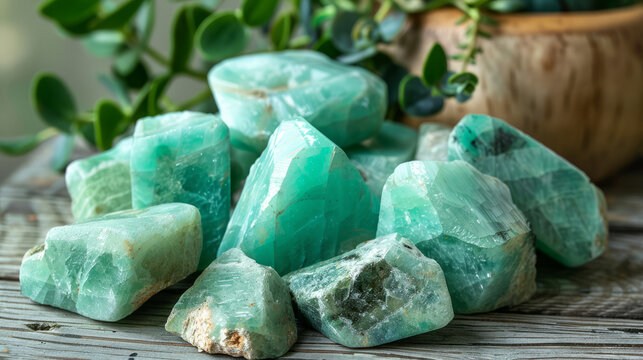 Transparent to translucent amazonite crystals with a refreshing green color staged on wood