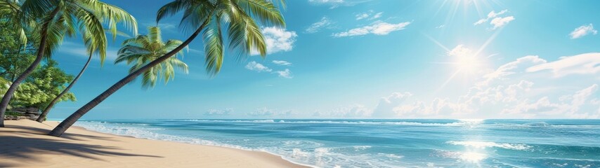 A sunny beach with palm trees, clear blue water, and a blue sky with white clouds.