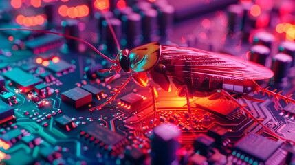 Close up of a cockroach on a computer motherboard. - Powered by Adobe