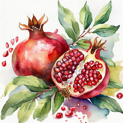 Watercolor illustration. Composition of two pomegranates with seeds and leaves. - obrazy, fototapety, plakaty