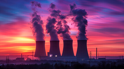Industrial landscape with four smoking towers at power plant during sunset.