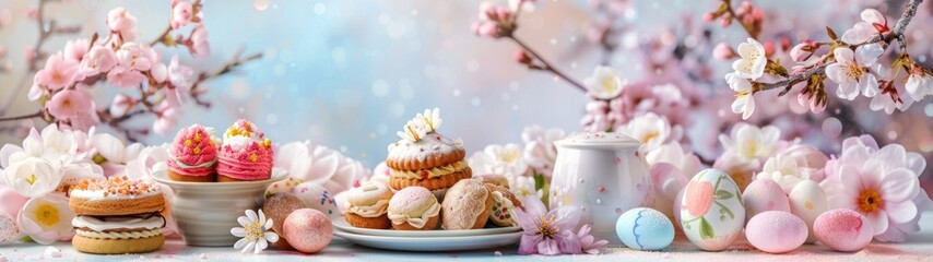 Obraz na płótnie Canvas Assorted sweets - cakes, macaroons, candies - create a festive dessert display.