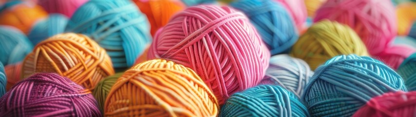 Multi-colored wool balls, ideal for knitting projects, a beautiful background of colorful yarn for crafting enthusiasts. - obrazy, fototapety, plakaty