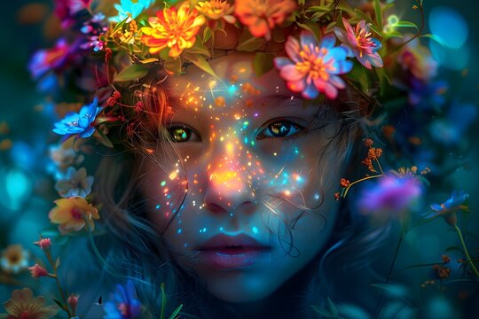 portrait of a beautiful child made from colorful glowing butterflies in the style of digital art, on a dark background