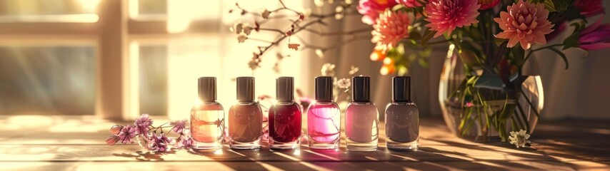 A row of six nail polish bottles in different colors are placed on a table. Each bottle has a unique shade of pink, orange, or purple. In the background, there is a window and a vase filled with pink  - obrazy, fototapety, plakaty