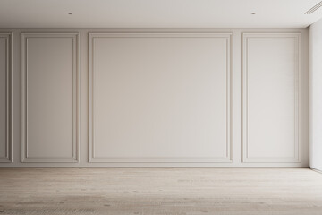 Contemporary beige bright interior with wall panels, moldings. 3d render illustration mockup.