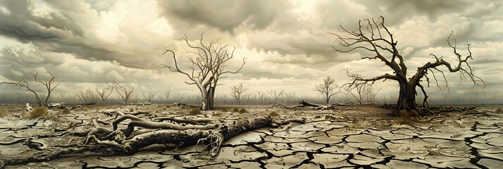 A poignant reminder of environmental urgency  Dead trees on parched earth as a metaphor for drought and the escalating climate crisis