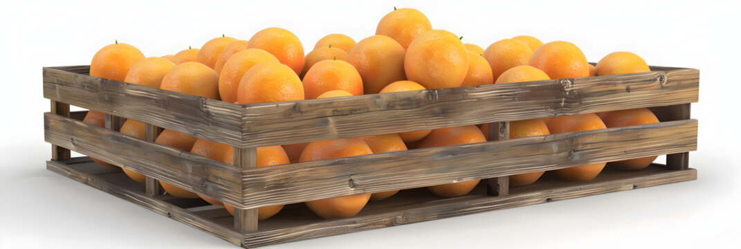 Fresh, newly harvested oranges inside wooden crate. 3D illustration, Oranges in the wooden crate, 3D rendering isolated on white background 