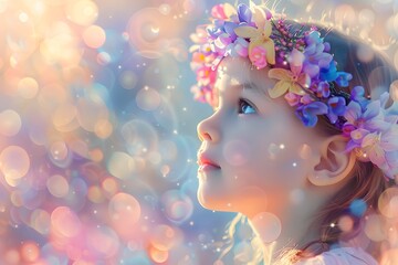 portrait of a beautiful child made from colorful spring butterflies in the style of digital art, on a bokeh background