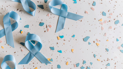 Flatlay 5 light blue cancer ribbon on terrazzo  background prostate chronic illness mens health colorectal support awareness month fundraising charity survivor copy space banner campaign event