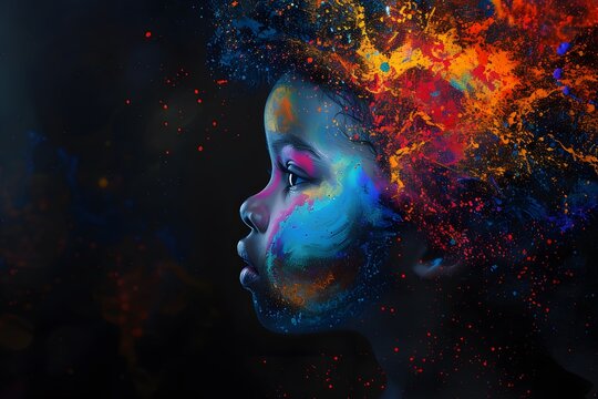 portrait of a beautiful child made from colorful paint in the style of digital art, on a dark background