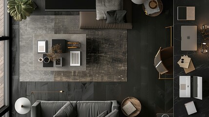 material moodboard, a large company office, cozy, dark gray and neutral tones  