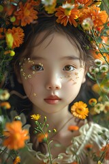 portrait of a beautiful child looking in the camera, made from colorful flowers in the style of digital art, on a dark background