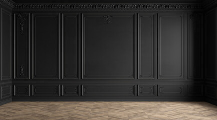 Classic modern black empty interior with blank walls with moldings, stucco and wood floor. 3d render illustration mockup.