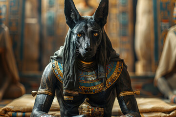 Enigmatic Anubis, the jackal-headed god of mummification, presides over the sacred rituals of the afterlife, guiding souls to their final resting place.  Generative Ai. - obrazy, fototapety, plakaty