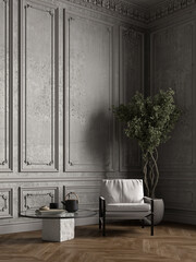 Classic gray interior with concrete wall, moldings, stucco, armchair and decor. 3d render illustration mockup.