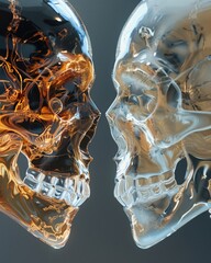 Hyperrealistic translucent skulls of man and woman, closeup, clean and sharp focus, no contrast ,clean and sharp focus