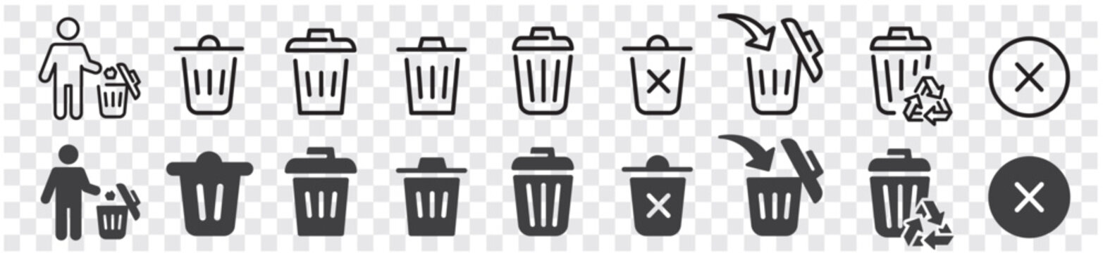 Delete icon set. delete button trash remove cancel undo throw remove editable stroke line icon collection. Vector illustration.