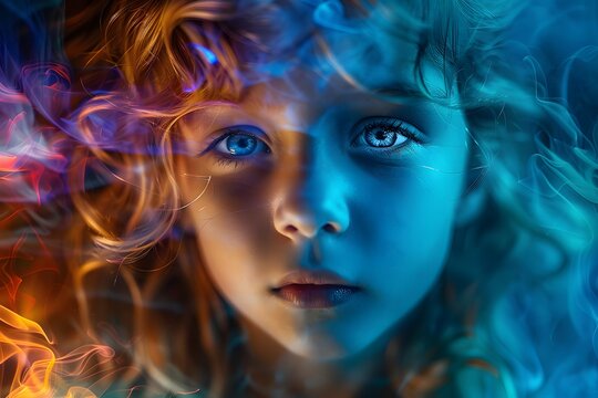 portrait of a beautiful child looking in the camera, made from colorful glowing smoke in the style of digital art, on a dark background