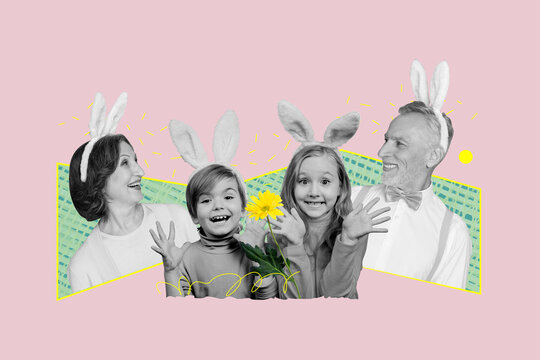 Collage picture banner of happy cheerful family celebrate easter day good mood festive event spring isolated on drawing background