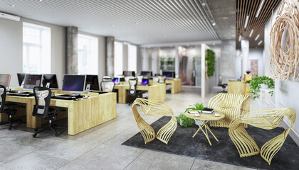 Open and transparent office architecture with meeting area in modern, wood design - depht of field 3D visualization