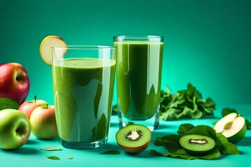 Glass with Green Fresh Smoothie from Leafy Greens Vegetables Fruits