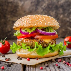Burger Delight: Aromatic Cutlet with Crisp Lettuce and Fresh Veggies