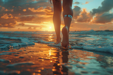 A woman with a prosthetic limb hesitates before stepping onto the beach, battling feelings of inadequacy and self-consciousness about her disability.  Generative Ai. - obrazy, fototapety, plakaty