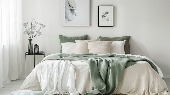 Pale sage and white linen, pillows and a blanket on a bed standing against white wall with two pictures in a bedroom interior. Black metal side table by the bed