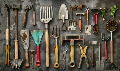 Gardening tools on wooden background. Top view. Flat lay