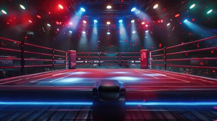 Empty modern boxing ring before start of professional boxing match or competition, illuminated by floodlights. Fight arena for boxers game. Sporty stadium for wrestling tournament.