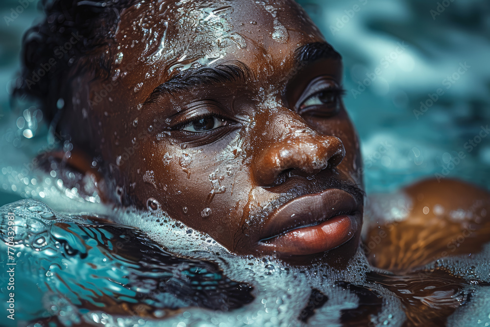 Wall mural A man with vitiligo avoids swimming in public pools, feeling self-conscious about his skin condition and fearing stares from others.  Generative Ai.