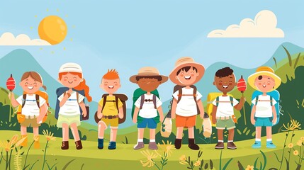 Elementary school summer camp, kids in explorer gear, sunny day, playful style, front view, 2D flat design , 8K resolution