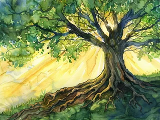 Foto op Canvas A tree with deep roots and lush foliage for Earth Day, detailed watercolors, eye-level, rays of sun piercing through the canopy © FlyingWeed_AI