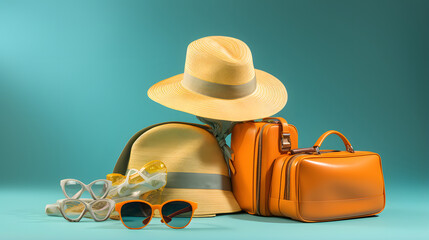  hat, vacation gear, sunglasses, sunblock and luggage on blue background - obrazy, fototapety, plakaty