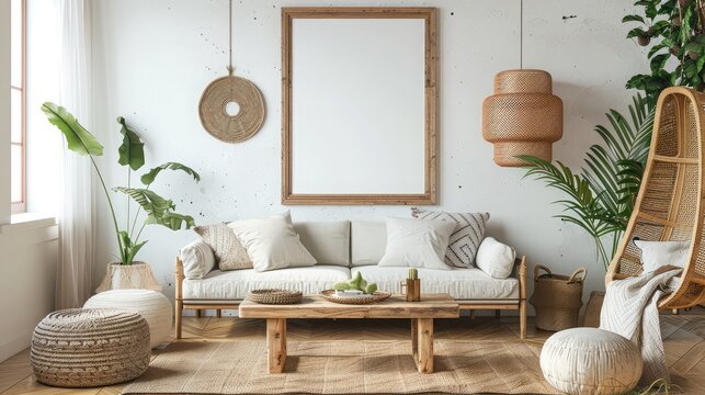 poster frame in boho interior background, wooden living room design, Scandinavian style , Interior of living room with two empty posters on the wall, background,  frame in bedroom interior
