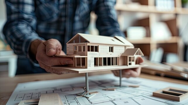 Shot of person holding model house over a site plan on desk 