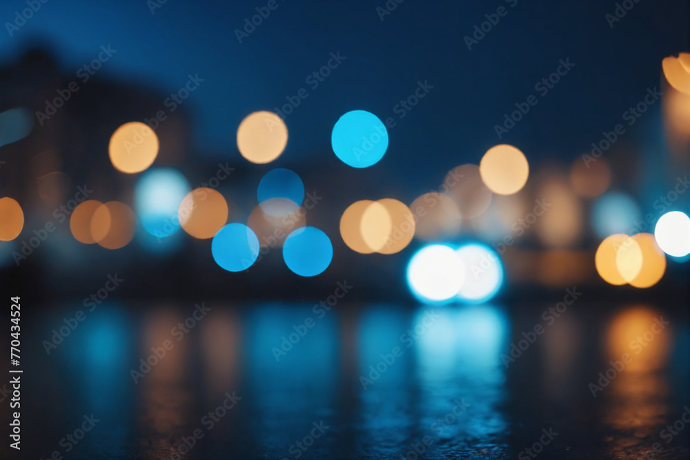 Poster city blurring lights abstract circular bokeh on blue background