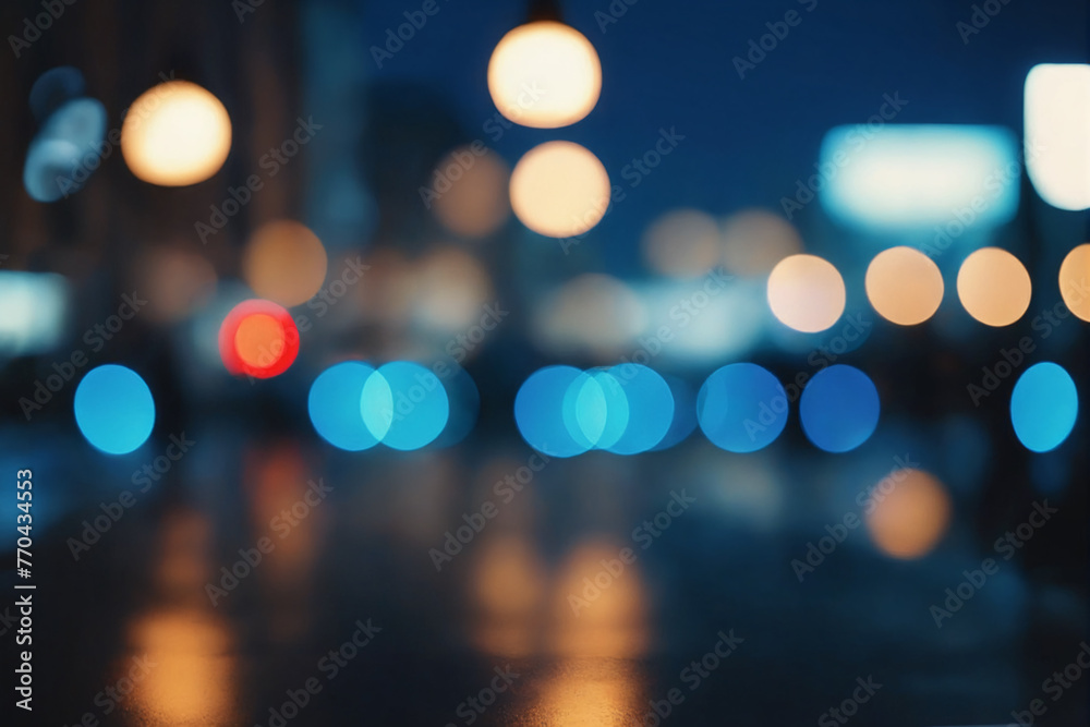 Poster city blurring lights abstract circular bokeh on blue background