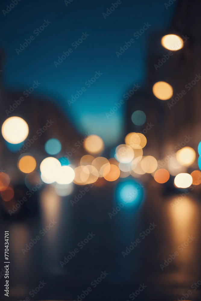 Poster city blurring lights abstract circular bokeh on blue background