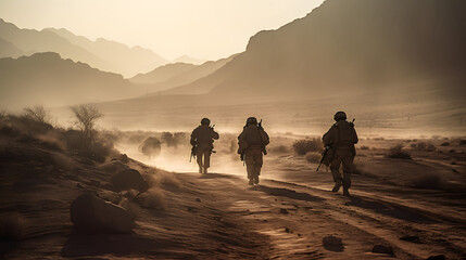 military men are walking in the dirt with haze and mountains