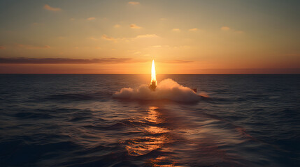 missile launch in the ocean at sunset - obrazy, fototapety, plakaty