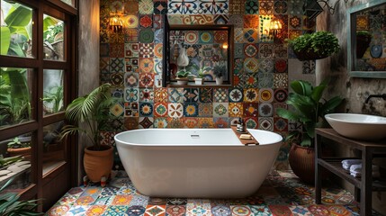 Eclectic Bathroom Interior with Patterned Tiles and Freestanding Bathtub