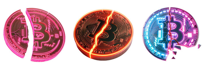 Set of neon glowing Bitcoin crypto coins cracked in two parts. BTC halving, reward for cryptocurrency mining is cut in half concept. Isolated cut-out with transparent background - obrazy, fototapety, plakaty