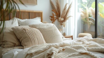 Cozy Bedroom Interior with Knitted Pillows and Blanket