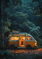 Camper van parked at lake. Outdoors. Atmospheric ambient lighting. Van life. Explorers.