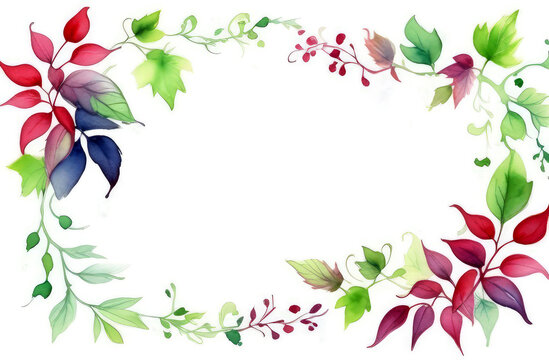 Watercolor frame,border for postcards,invitations, made of leaves on a white background. Free space for text