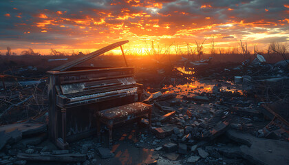 a piano in a destroyed city - obrazy, fototapety, plakaty