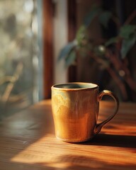 Fototapeta premium Warm morning light on a wellloved mug, comforting start to the day, closeup, soft backlight , digital photograph