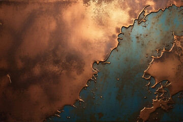 A striking copper surface with spilling turquoise giving an artistic patina effect and dynamic contrast